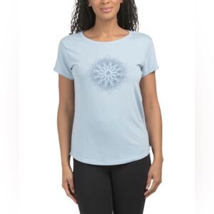 GAIAM S Blue Fog Mindful Graphic Floral Front Short Sleeve Athletic Yoga Crew T